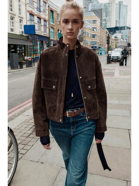 Zara Jackets & Blazers - Zara Womens Leather Suede Bomber Jacket Coat Large L Brown 3046/258 NWT